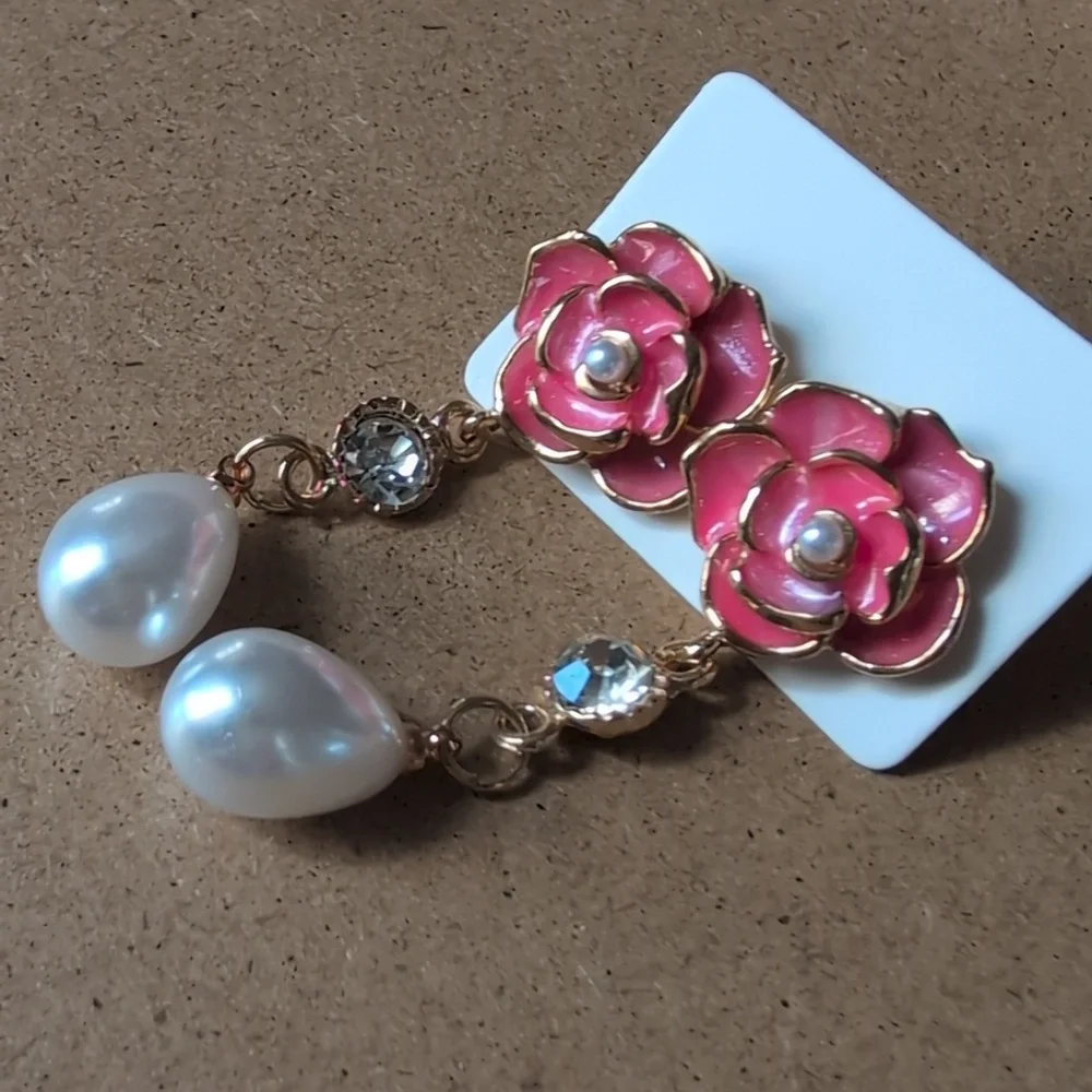 Elegant Pink Floral Pearl Drop Earrings